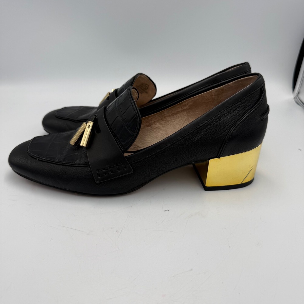 Louise et Cie Lanton Black Leather Gold Block Heel Loafers Toggle Charms 8M